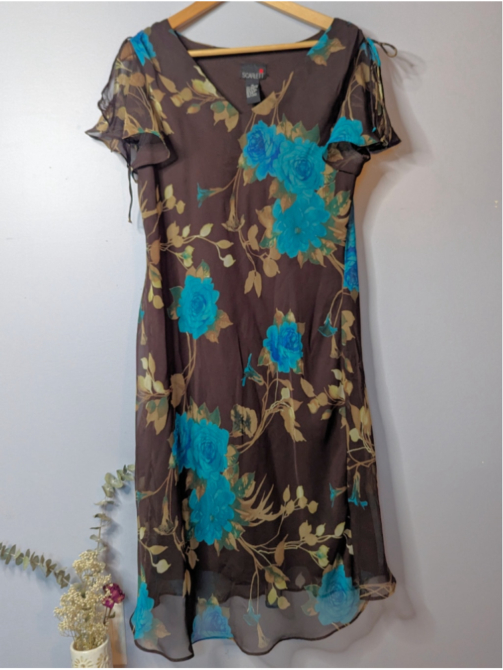 Vintage 90s SCARLETT Brown Turquoise Floral Mesh Flutter Sleeve Midi Dress 16